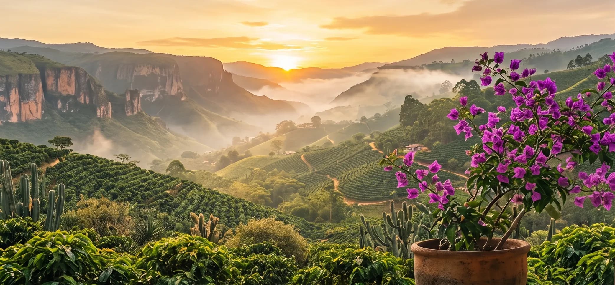 Finca de café colombiana al atardecer vista desde una ventana de madera