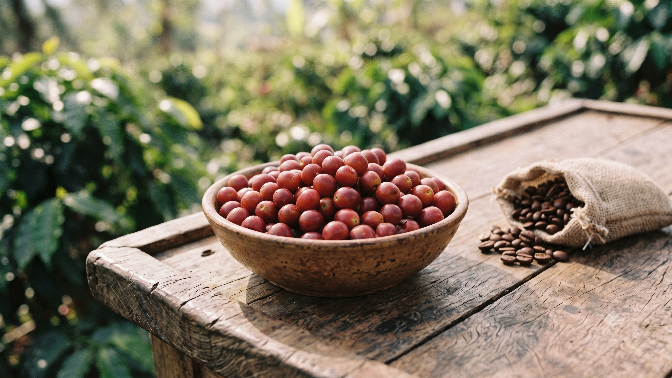 Manos sosteniendo cerezas de café maduras