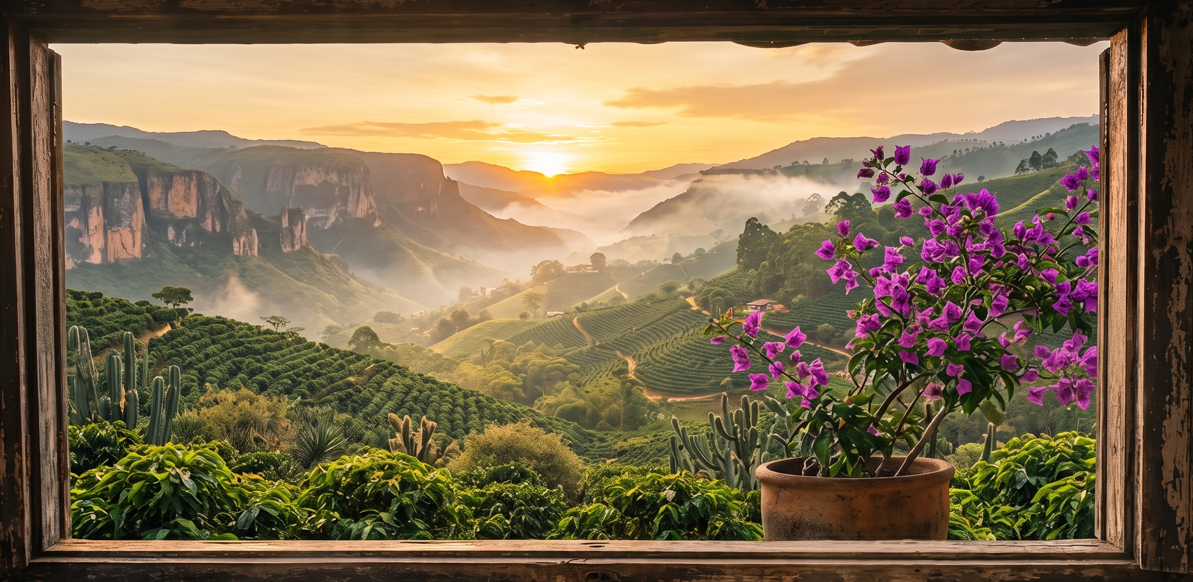 Finca de café colombiana al atardecer vista desde una ventana de madera